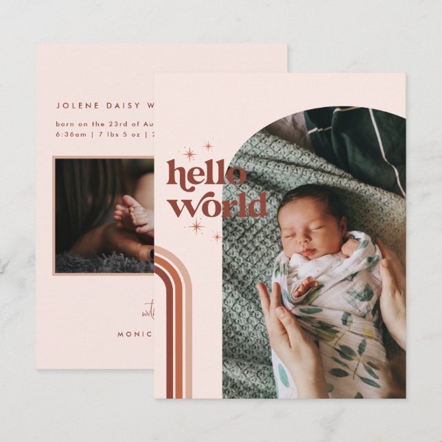 Hello World | Retro Boho Birth Announcement (Front/Back)