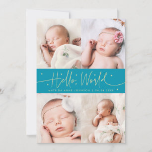 Hello World Script Aqua Blue Multi Photo Birth Announcement