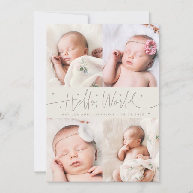Hello World Script Greige Multi Photo Birth Announcement (Front)