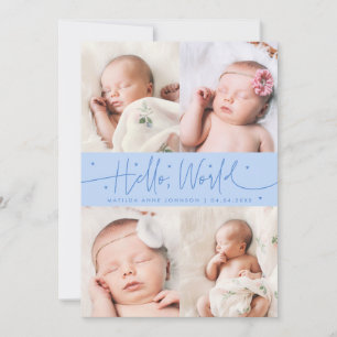 Hello World Script Icy Blue Multi Photo Birth Announcement