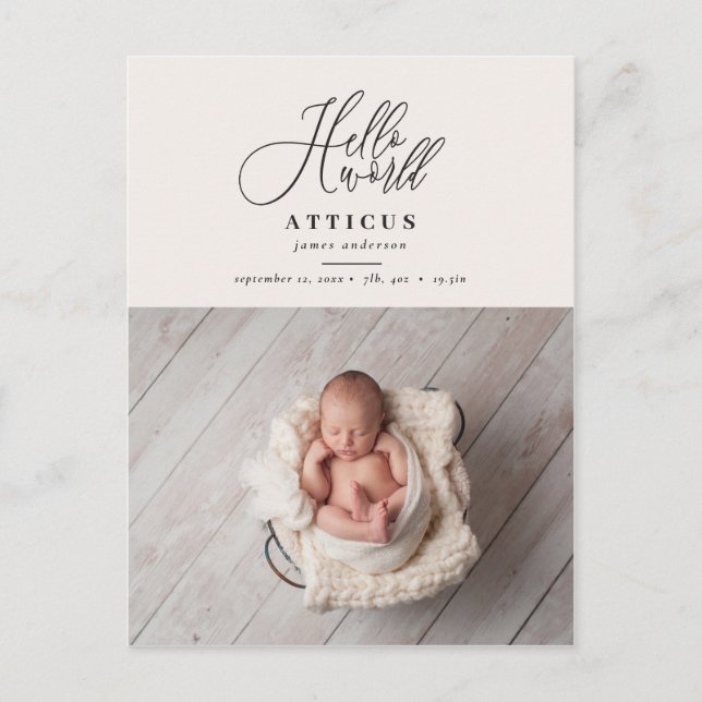 Hello world script text photo birth announcement (Front)