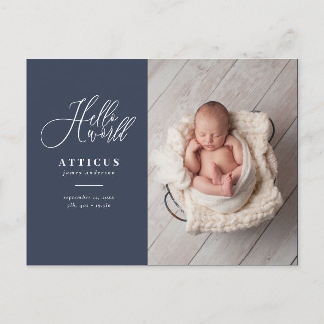 Hello world script text photo birth announcement (Front)