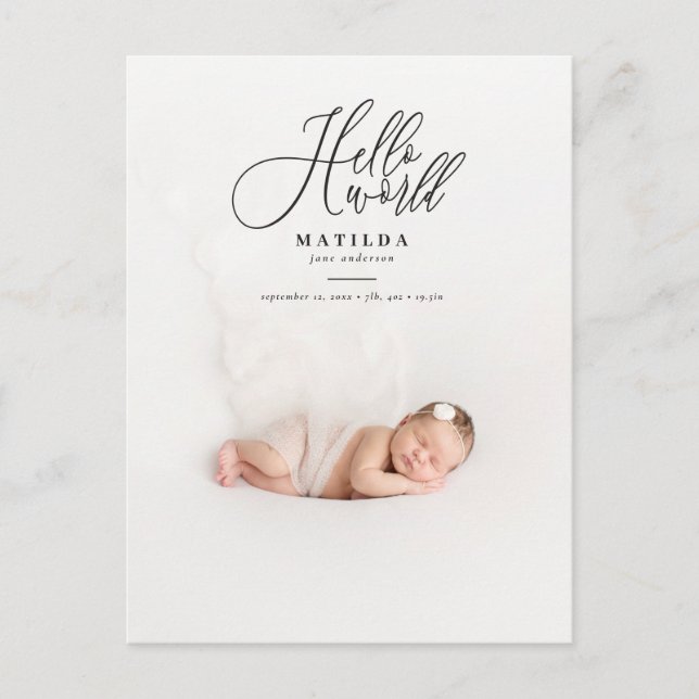 Hello world script text photo birth announcement (Front)