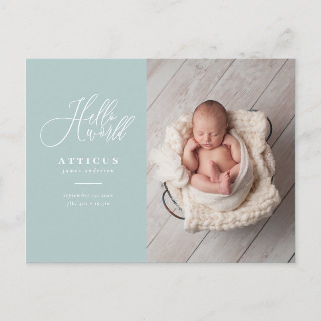 Hello world script text photo birth announcement postcard (Front)