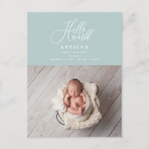 Hello world script text photo birth announcement postcard