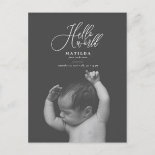 Hello world script text photo birth announcement postcard
