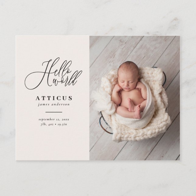 Hello world script text photo birth announcement postcard (Front)