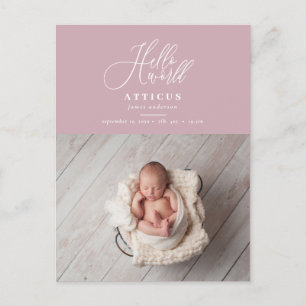 Hello world script text photo birth announcement postcard
