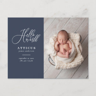 Hello world script text photo birth announcement postcard