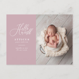 Hello world script text photo birth announcement postcard