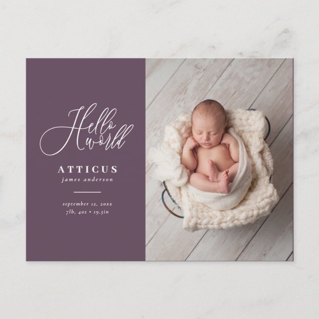 Hello world script text photo birth announcement postcard (Front)