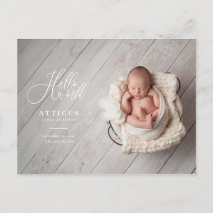 Hello world script text photo birth announcement postcard