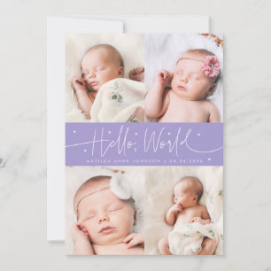 Hello World Script Violet Multi Photo Birth Announcement