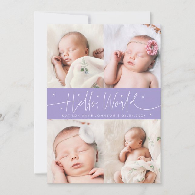 Hello World Script Violet Multi Photo Birth Announcement (Front)