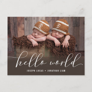 Hello World Twins Photo Birth Announcement Postcard