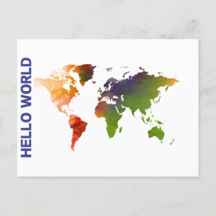 Hello World Watercolor World Map Art Postcard