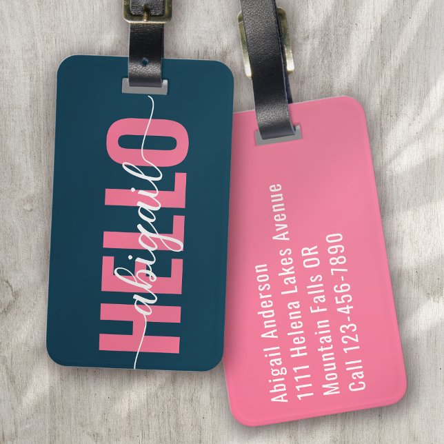 Hello Your Name Pink Blue Calligraphy Luggage Tag (Creator Uploaded)