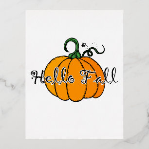 Hellow Pumpkin Fall Pumpkin Hello Fall Foil Holiday Postcard
