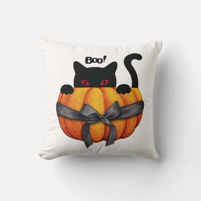 Helloween Black Cat in a Pumpkin Funny Gift Throw Pillow (Front)