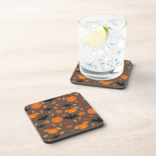 Helloween pattern pumpkin, bat, autumn leaves. coaster