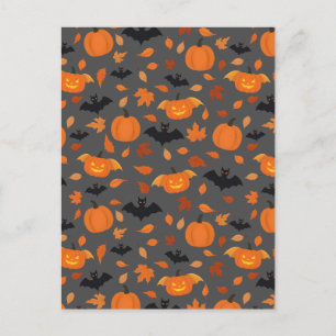 Helloween pattern pumpkin, bat, autumn leaves. postcard