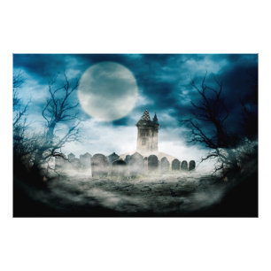 Helloween Scene. Haunted house on graveyard. Photo Print