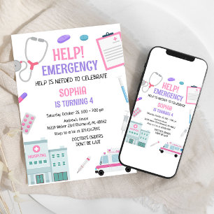 Help Emergency Kids Doctor Girl Birthday Invitation