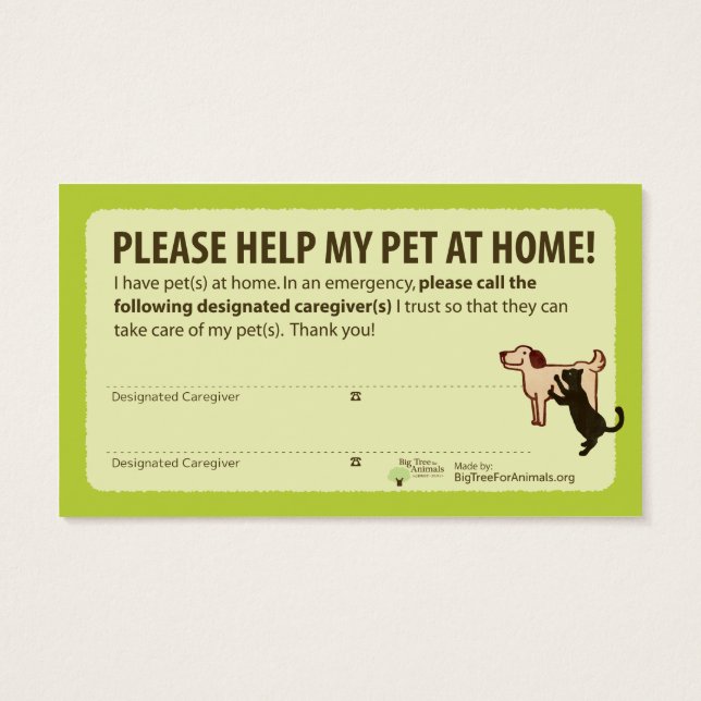 "HELP! I have Pets At Home” Pet Alert Card (Back)