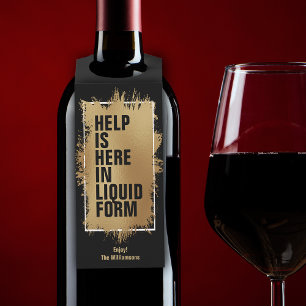 HELP IS HERE Text Gold Foil on Black Bottle Tag