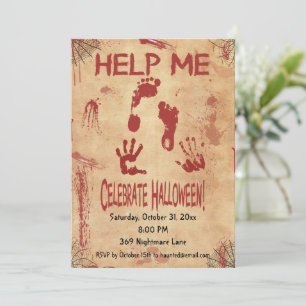 HELP ME Bloody Footprint & Handprint Halloween Invitation