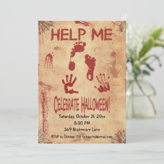 HELP ME Bloody Footprint & Handprint Halloween  Invitation