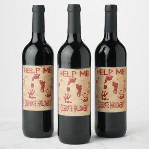 HELP ME Bloody Footprint & Handprint Halloween Wine Label