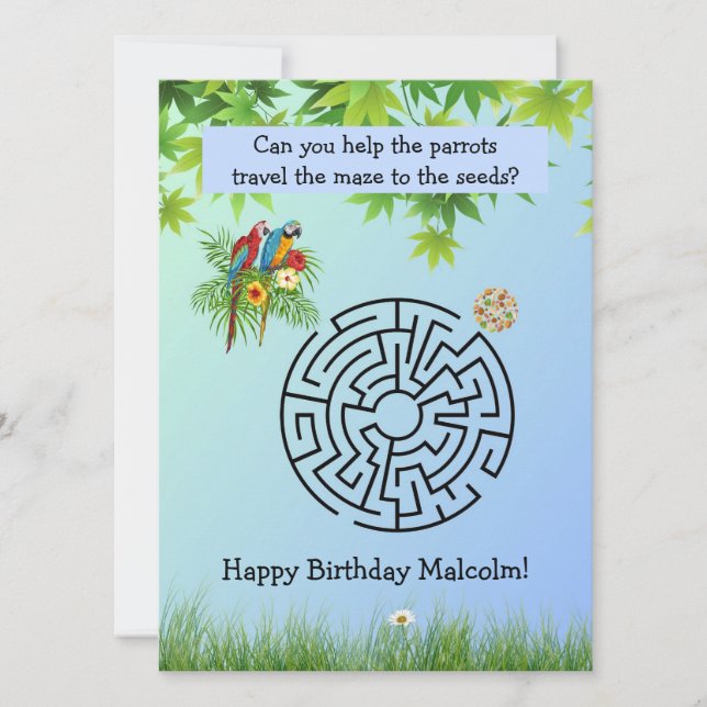 Help parrots travel maze on birthday card for kids (Front)