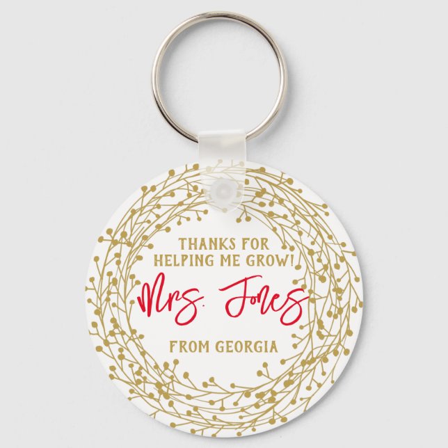 Helping me grow teacher appreciation gold wreath keychain (Front)