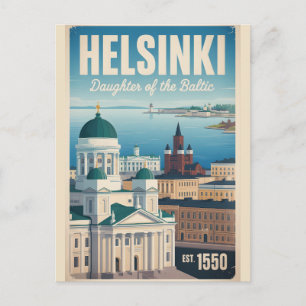 Helsinki Finland Retro Skyline Cityscape Travel Postcard