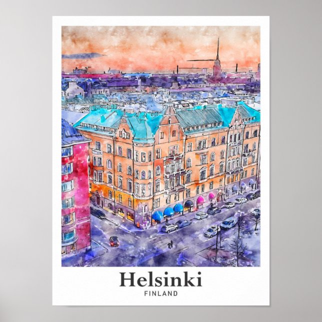 Helsinki Finland Travel Watercolor Hand Drawn Poster (Front)