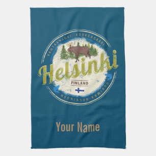 Helsinki moose capital of Finland vintage souvenir Kitchen Towel