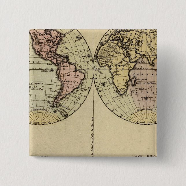 Hemispheres Hand Coloured Atlas Map 2 Inch Square Button (Front)