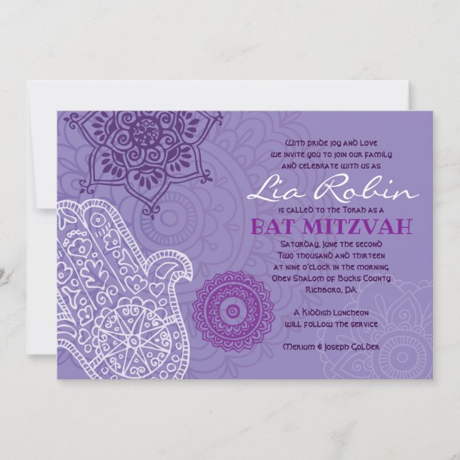HEMSA mauve MAIN DE DIEU Invitation Bat mitzvah (Devant)