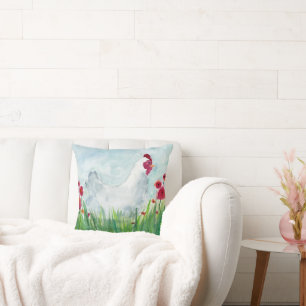 Hen and Poppies Farmhouse Throw Pillow