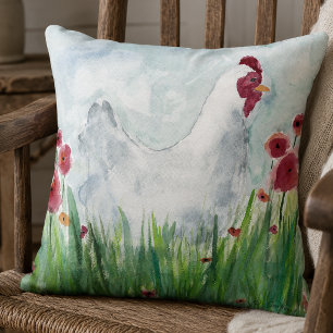 Hen and Poppies Farmhouse Throw Pillow