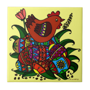Hen and Pysanky Ukrainian Folk Art Tile