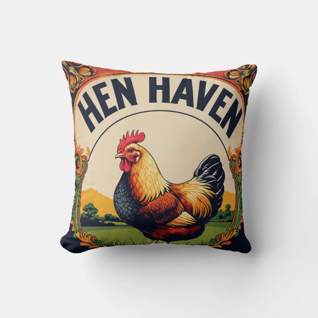 Hen and Rooster Feed Sack Art Throw Pillow (Front)