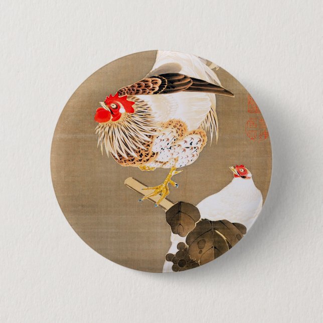 Hen and Rooster with Grapevine by Ito Jakuchu 2 Inch Round Button (Front)