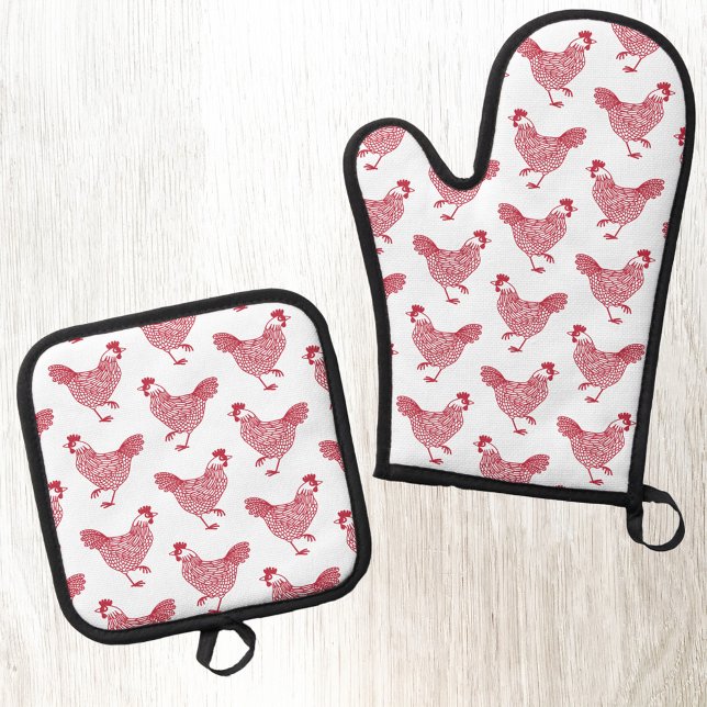 Hen Chicken Red and White Oven Mitt & Pot Holder Set (Chicken hen red and white pattern kitchen oven mitt and pot holder)