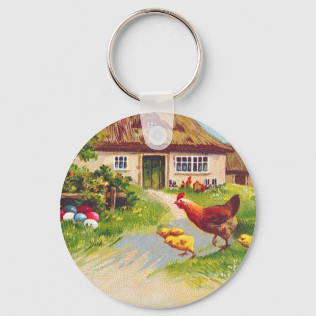Hen, Chickens and Easter Eggs Keychain (Front)
