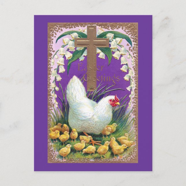 Hen, Chicks and Cross Vintage Easter Holiday Postcard (Front)