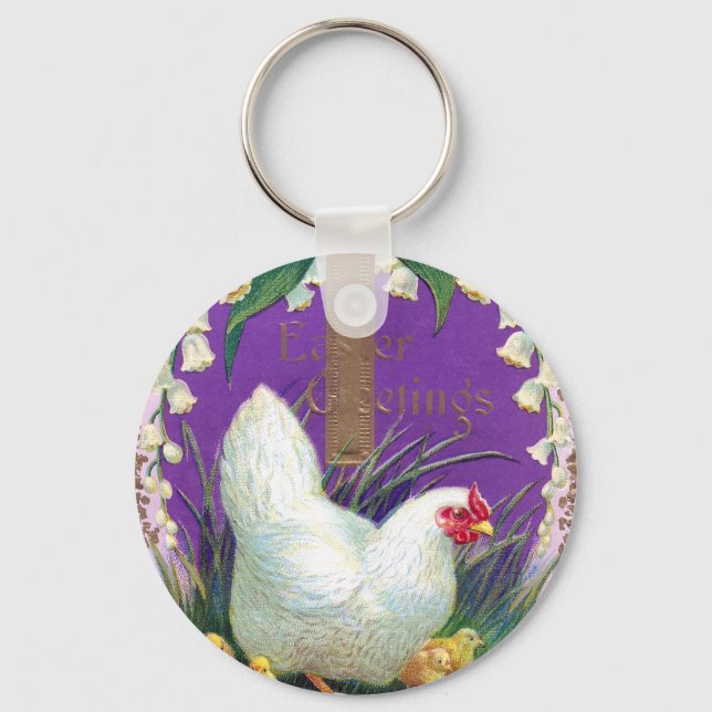 Hen, Chicks and Cross Vintage Easter Keychain (Front)