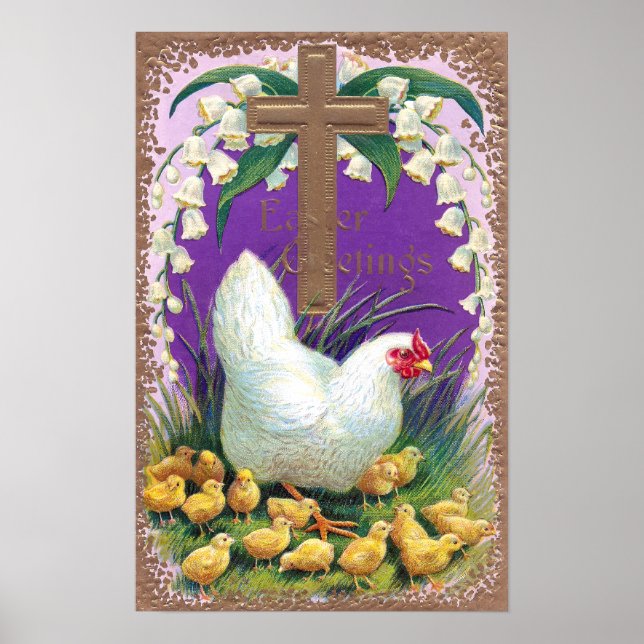 Hen, Chicks and Cross Vintage Easter Poster (Front)
