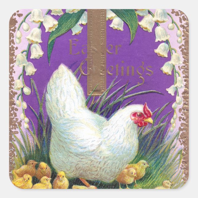 Hen, Chicks and Cross Vintage Easter Square Sticker (Front)